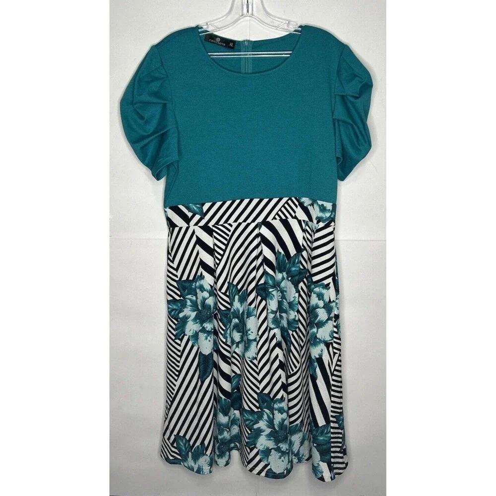 Chiccloth Women's Short Puff Sleeve Floral Fit & Flare Dress Teal/Floral Size XL